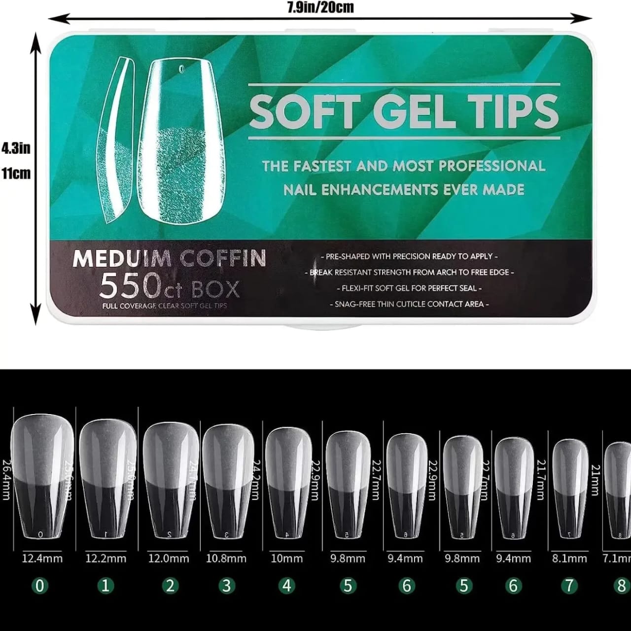 SOFT GEL TIPS MEDIUM COFFIN FULL 550 ct BOX